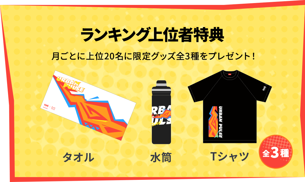 ランキング上位者特典 月ごとに上位20名に限定グッズ全3種をプレゼント！タオル・水筒・Tシャツ 全3種